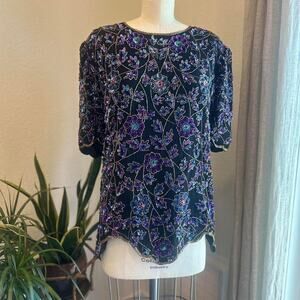 Laurence Kazar Women’s 1X Blouse Black Purple Silk Beaded Floral Sequin Evening